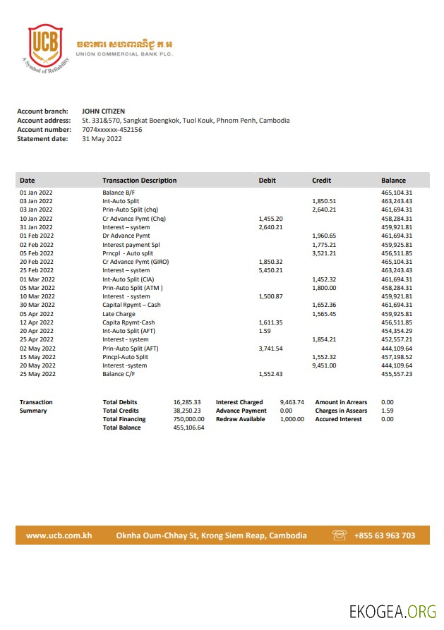Relevé bancaire de l'Union commerciale du Cambodge